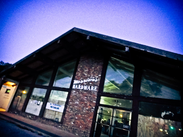 night shot of closed hardware store in Saint Augustine