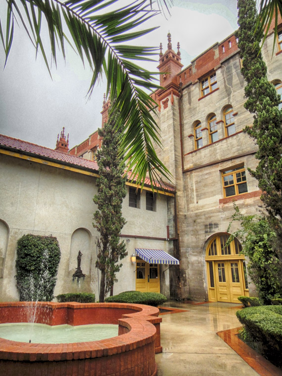 Lightner museum on rainy day from side fountain