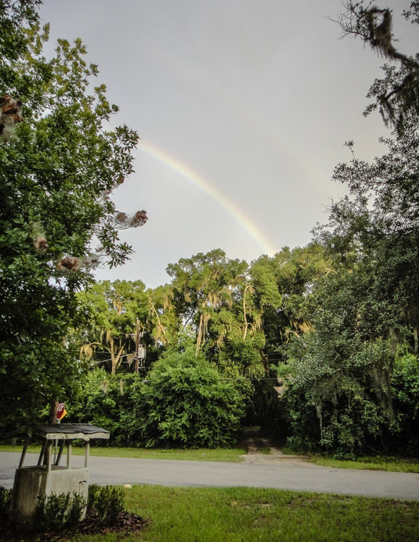 Rain and double rainbow in the sun