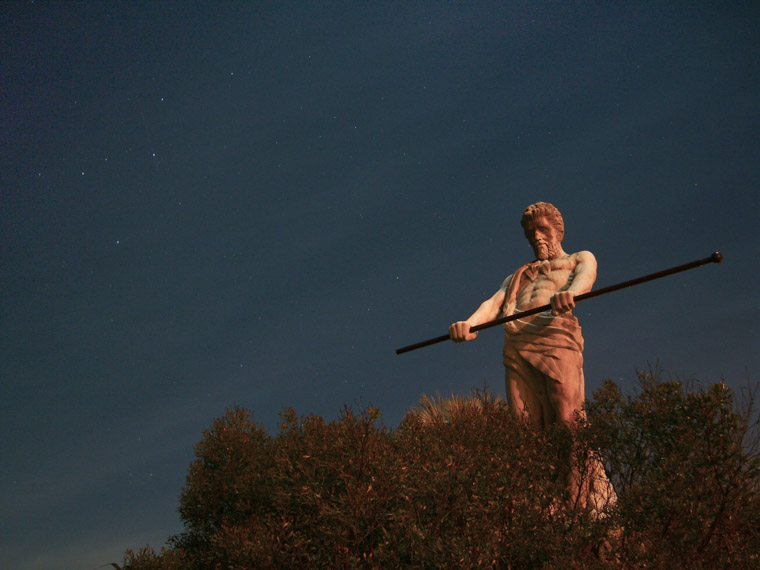 Poseidon Marineland Statue at night