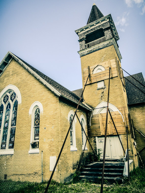 Architectural cracks in brick work of church