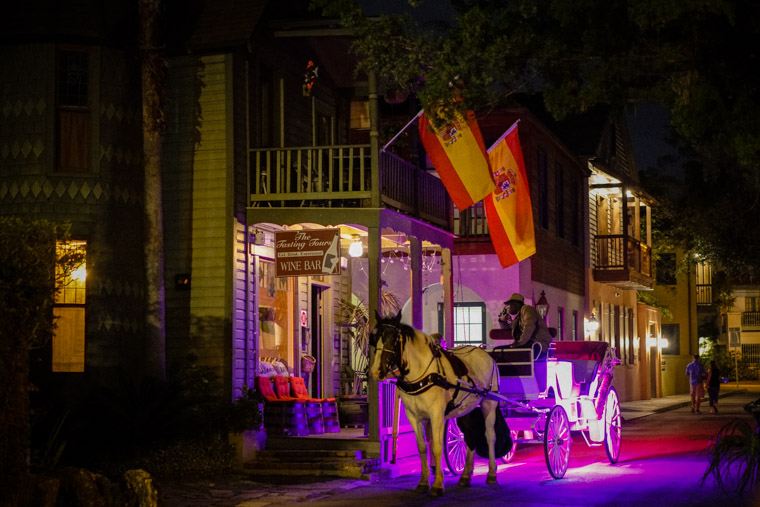 Horse carriage at wine bar with neon lights