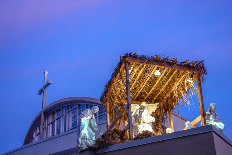 Prince of Peace Church nativity scene at sunset