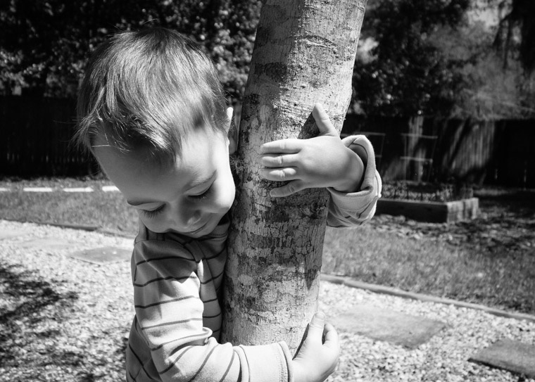 Earth day son hugging tree