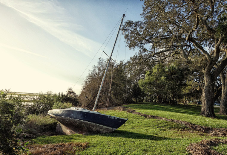 sailboat washed ashore from hurricane matthew